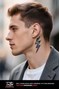Extreme close-up of a lightning bolt tattoo on a man's neck with warm lighting