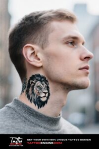 Close-up of a lion head tattoo on a man's neck with soft natural lighting