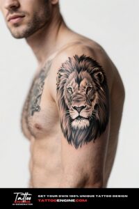 Close-up of a forearm with a lion portrait tattoo in black and grey