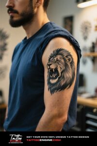 Close-up of a man's upper arm with a roaring lion tattoo, wearing a rolled-up dark blue shirt sleeve.