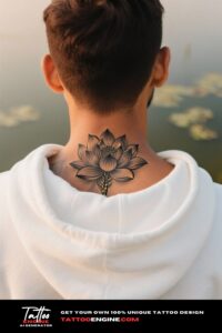 Close-up of the back of a man's neck with a lotus tattoo and a white sweatshirt