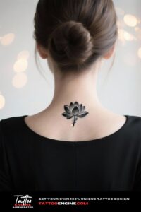 Back view of a woman's neck with a lotus flower tattoo, hair in an updo.