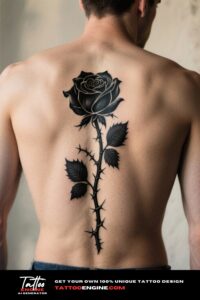 Close-up of a black rose tattoo on a man's lower back, wearing dark blue jeans.
