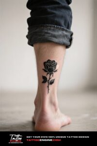Close-up of a minimalist black rose tattoo on a man's ankle, wearing rolled-up denim jeans.