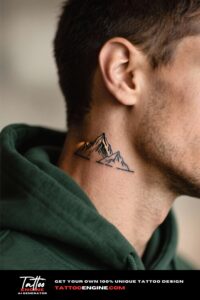 Side view close-up of a minimalist mountain tattoo on a man's neck