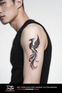 Close-up of an upper arm with a minimalist phoenix tattoo in black ink