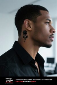 Close-up of a black rose tattoo behind a man's ear, wearing a black collared shirt.