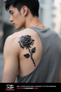 Close-up of a black rose tattoo on a man's shoulder blade, wearing a charcoal grey t-shirt.