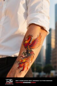 A vibrant phoenix tattoo on a man's forearm, partially covered by a white dress shirt.