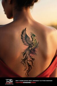 Back view of a woman's neck with a phoenix tattoo, wearing a red dress.