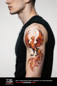 Close-up of an arm with a colorful phoenix tattoo