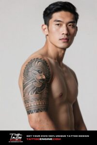 Close-up of an upper arm with a Polynesian tattoo against a tropical background