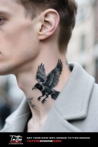 Close-up of a raven tattoo on a man's neck with soft natural lighting