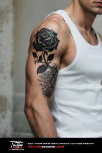 Elaborate black rose tattoo wrapping around a man's ribcage
