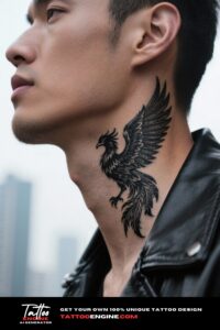 Side view of a man's neck with a phoenix tattoo, wearing a leather jacket.