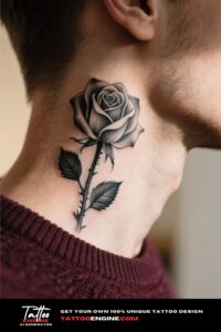 Close-up of a rose tattoo on a man's neck with soft, warm lighting