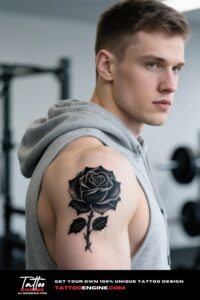 Close-up of a black rose tattoo on a man's shoulder, wearing a sleeveless grey hoodie.
