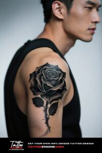 Close-up of a black rose tattoo on a man's shoulder cap, wearing a black sleeveless vest.