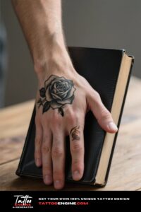 Close-up of a black rose tattoo on the side of a man's hand, holding a leather-bound book.