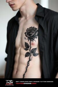 Close-up of a black rose tattoo on a man's side rib, wearing an open black shirt.