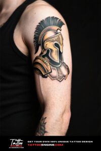 Close-up of a forearm with a Spartan warrior tattoo in black and grey
