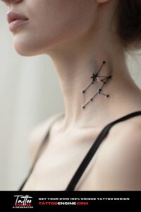Extreme close-up of a woman's collarbone with a constellation tattoo.