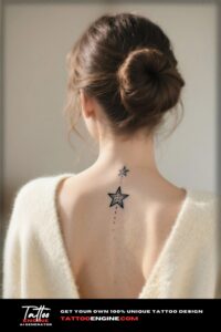 Back view of a woman's neck with a star tattoo, hair in a loose bun.