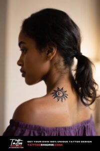 Back view of a woman's neck with a sun tattoo, hair in a ponytail.