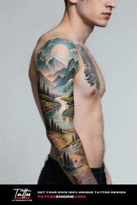 Close-up of an arm with a surreal landscape tattoo in vibrant colors