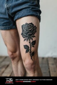 Close-up of a black rose tattoo on a man's thigh, wearing navy blue shorts.