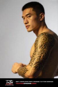 Close-up of a man's upper arm with a detailed tribal tattoo in black ink