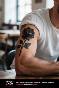 Close-up of a man's upper arm with a detailed black rose tattoo, wearing a sleeveless shirt.