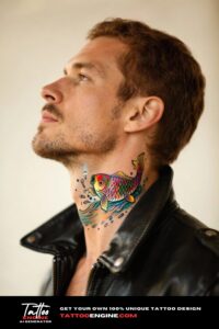 Side view of a man's neck with a colorful koi fish tattoo in cinematic lighting