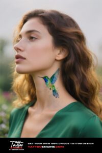 Close-up of a woman's neck with a watercolor hummingbird tattoo.