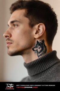 Side view of a wolf head tattoo on a man's neck with soft warm lighting