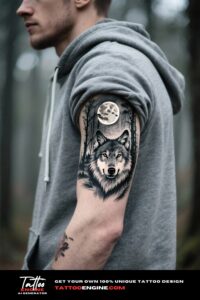 A man's arm with a wolf and forest half sleeve tattoo.