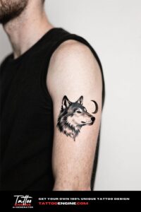 Close-up of a forearm with a wolf and moon tattoo in black and grey
