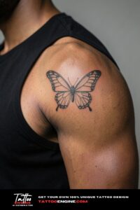 Fine line butterfly tattoo on dark brown shoulder, black muscle tee armhole wide.