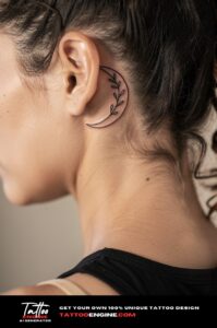 Fine-line crescent moon with branch motif behind ear on olive skin, natural morning light.
