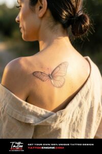 Fine line butterfly tattoo on olive-skinned shoulder blade, linen shirt draped off.