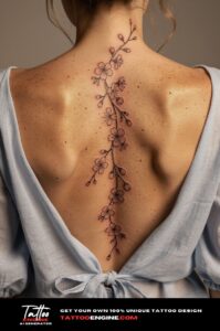 Close-up of a delicate cherry blossom spine tattoo on a woman's upper back.