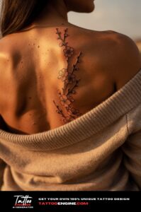 Delicate cherry blossom and branch tattoo traced along a woman's upper spine.