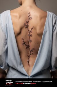 Fine line cherry blossom branch tattoo along spine, soft studio light, blue blouse.