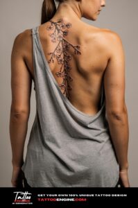 Delicate fine-lined cherry blossom tattoo running down the spine on light golden brown skin.