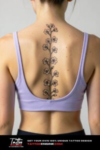 Fine-lined cherry blossom tattoo runs down woman's spine, soft directional lighting, close-up from behind.