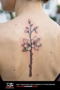 Minimalist cherry blossom tattoo along a man’s spine, fully healed and sharply focused.