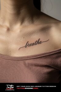 A woman's collarbone with a healed cursive "breathe" tattoo, tank top strap off shoulder.