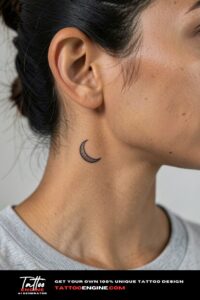 Fine-line crescent moon tattoo behind the ear on medium-brown skin, hair pinned up.
