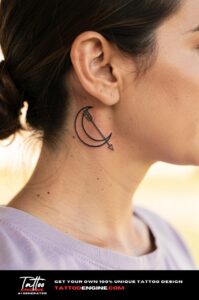 Fine-line crescent moon with arrow tattoo behind the ear on almond skin, late-morning sun.
