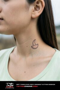Dainty crescent moon with cloud tattoo behind ear on light brown skin, overcast light.